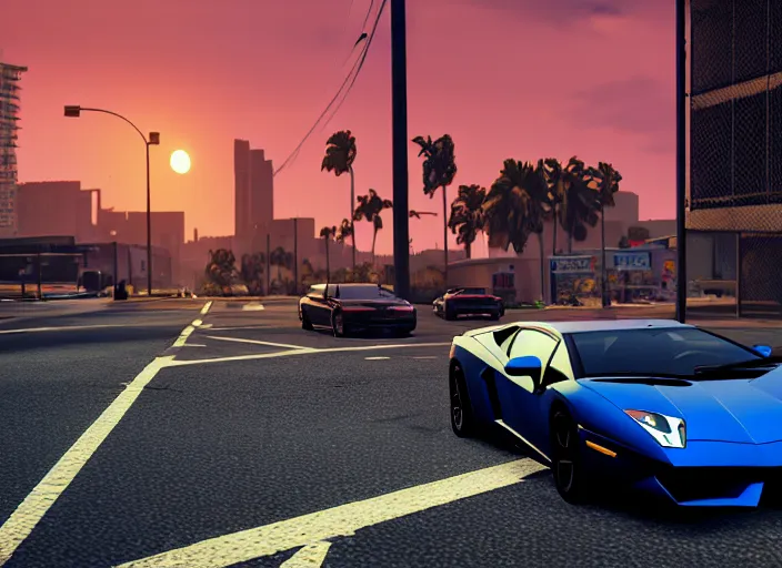 Image similar to still next - gen ps 5 game grand theft auto 6 2 0 2 4 remaster, graphics mods, rain, red sunset, people, rtx reflections, gta vi, miami, palms and miami buildings, photorealistic screenshot, unreal engine, 4 k, 5 0 mm bokeh, close - up lamborghini aventador, gta vice city remastered, artstation