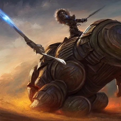 Image similar to A man in armour riding a giant tardigrade into battle, fantasy art, green hills, beautiful, trending on artstation, digital art