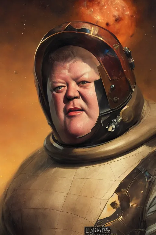 Image similar to portrait of baron harkonnen wearing leather spacesuit, detailed, sunshine, nebula space background, illustration by normal rockwell, artstation character art, john william waterhouse, concept art, greg rutkowski