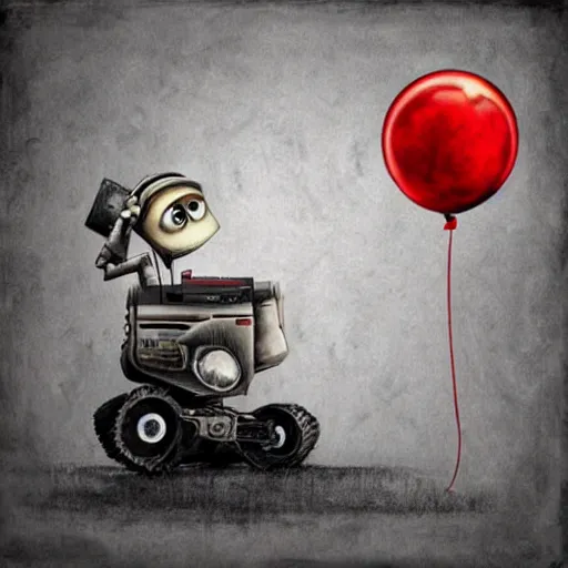 Image similar to surrealism grunge cartoon portrait sketch of wall-e with a wide smile and a red balloon by - michael karcz, loony toons style, pennywise style, horror theme, detailed, elegant, intricate