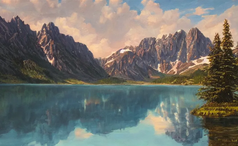 Prompt: a beautiful lake with mountains in the background, oil painting, trending on artstation, highly detailed