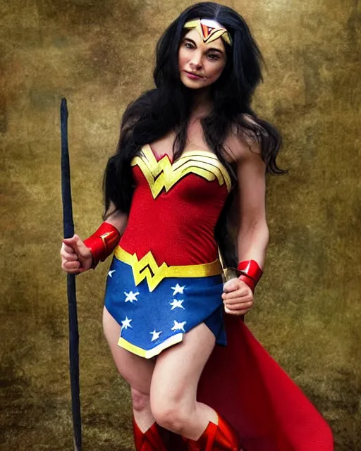 Image similar to Full body photos of a beautiful Chimpanzee dressed as Wonder Woman. Hyperreal, photorealistic, photography in the style of Annie Leibovitz