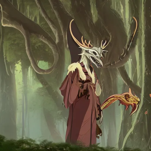 Image similar to concept art painting of an anthropomorphic dragon king with robes, a long neck, and horned skull mask, in a deep forest, cel shaded, in the style of makoto shinkai and james gurney and studio ghibli and moebius