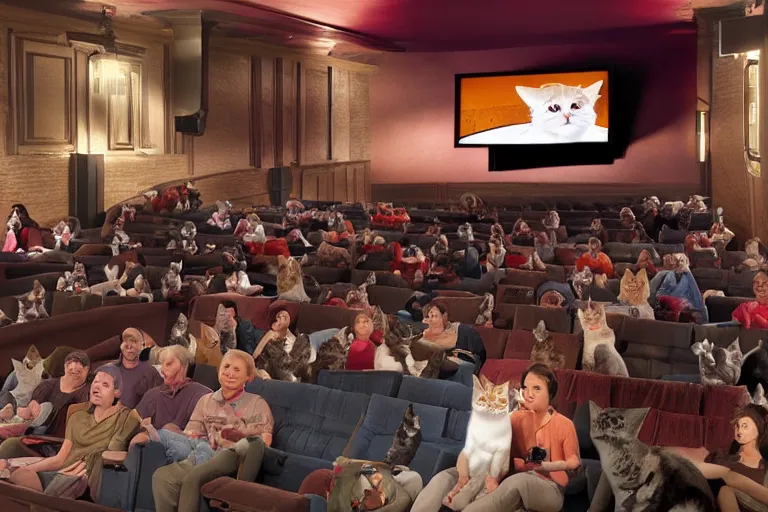 Image similar to full view of a movie theater full of cats sitting watching a movie