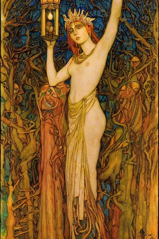 Image similar to queen of the forest with her lantern by Annie Swynnerton and Nicholas Roerich and jean delville, strong dramatic cinematic lighting , ornate headdress , flowing robes, lost civilizations, smooth, sharp focus, extremely detailed