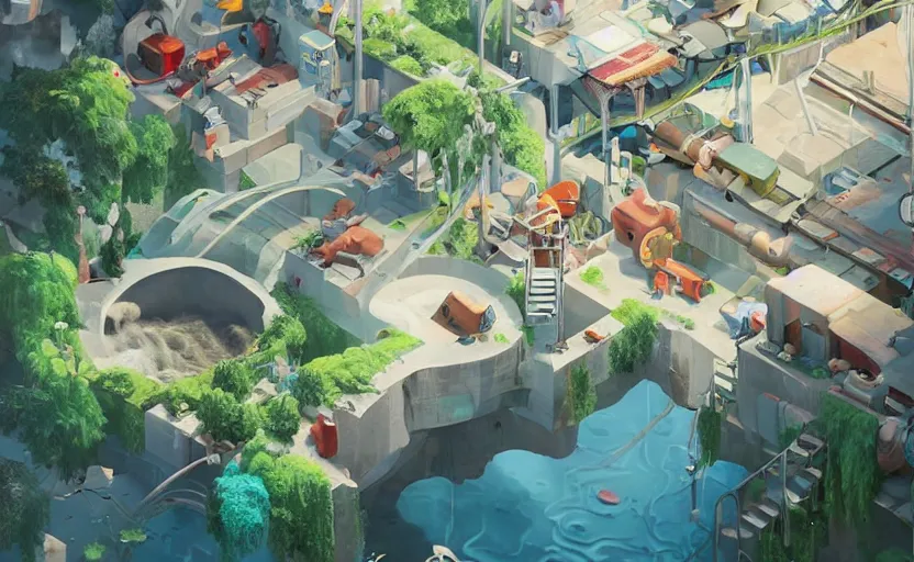 Prompt: art by filip hodas, pixar, and artgerm. level design many pipes from which clean water flows. water storage tank. many people and shops with goods. clean, neat, indoor, advertising, entertainments, inside, interior.