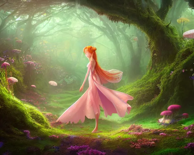 Prompt: beautiful faerie princess walks through happy trippy fungal landscape, by weta, pixar, dan mumford, yusuke murata, makoto shinkai, ross tran 8 k award winning photography, cosmic, heavenly, god rays, intricate detail, cinematic, unreal engine, cel shaded