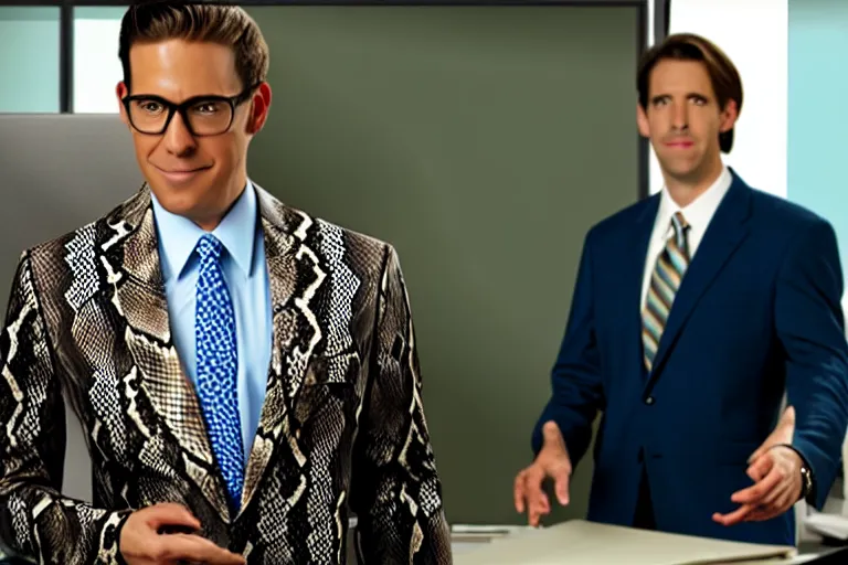 Prompt: anthropomorphic shark businessmen in snakeskin business suits in the show the office