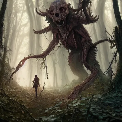 Image similar to highly detailed creepy forest humanoide creature, stephen bliss, tony tony chopper, unreal engine, fantasy art by greg rutkowski, loish, rhads, ferdinand knab, makoto shinkai and lois van baarle, ilya kuvshinov, rossdraws, tom bagshaw, global illumination, radiant light, detailed and intricate environment