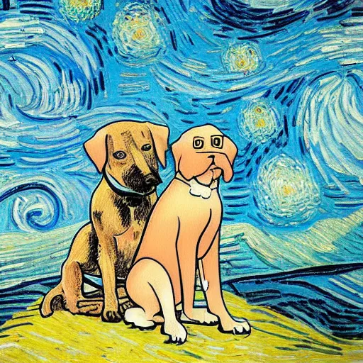 Prompt: dog and a cat surfing the sea during twilight in van gogh style