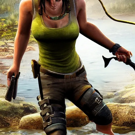 Image similar to lara croft fishes and she laughs because she got shoes