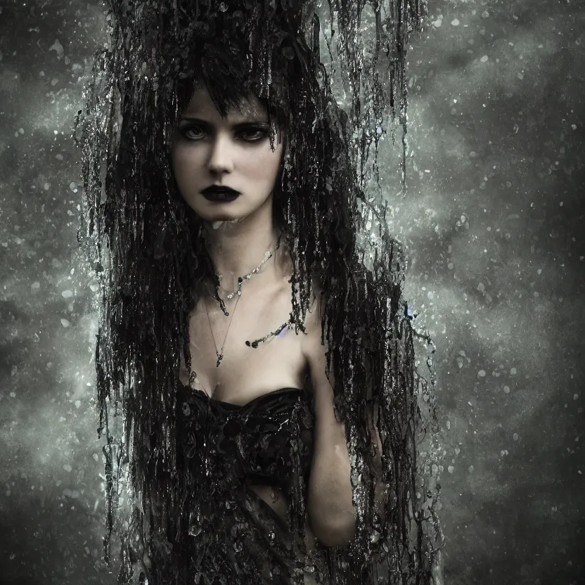 Prompt: A portrait of a Gothic goddess of water jewels in an empty land, dark and mysterious, lively atmospheric, cinematic, 8k, 4k, ultra detail, ultra-realistic, rendered by DeviantArt