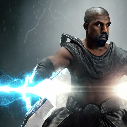 Prompt: portrait of kanye west as zeus, god of thunder, greek god, in mortal kombat, gears of war, mythology, fantasy, splash art, movie still, cinematic lighting, dramatic, octane render, long lens, shallow depth of field, bokeh, anamorphic lens flare, 8 k, hyper detailed, 3 5 mm film grain
