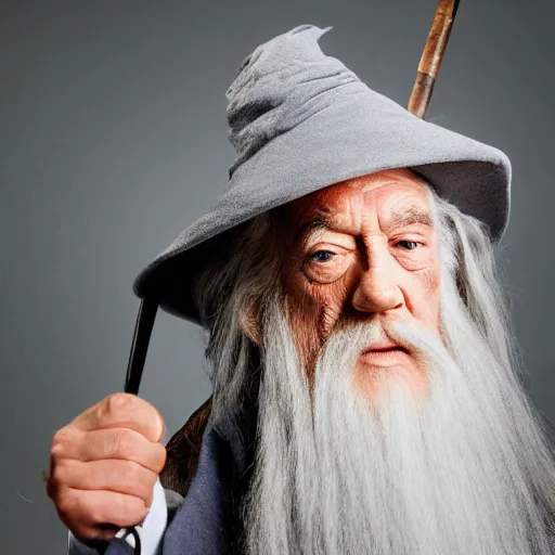 Image similar to Gandalf wearing a suit, DLSR photo