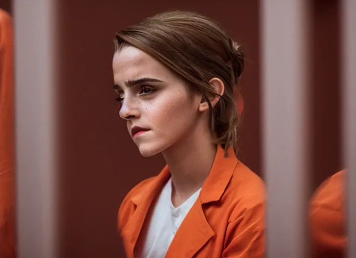 Prompt: photo of emma watson sitting in a jail cell wearing an orange jumpsuit and a red hat, defocused bars in the foreground, detailed face, 8 k, 8 5 mm f 1. 8