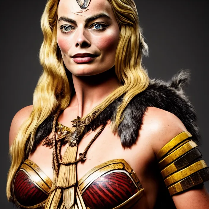 Prompt: full length portrait photograph of a margot robbie as an amazon warrior, Extremely detailed. 8k