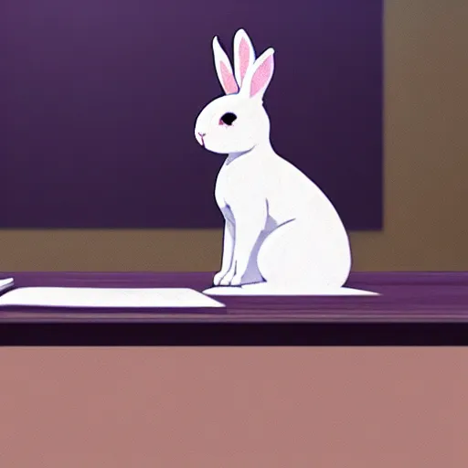 Image similar to A white bunny rabbit sitting at a desk, Makoto Shinkai