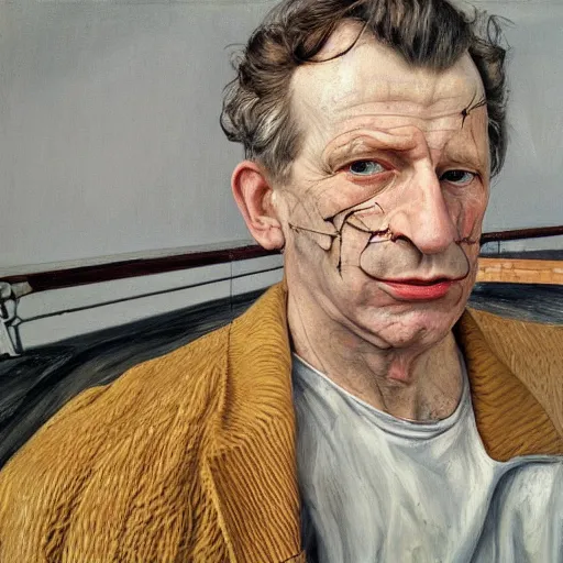 Prompt: high quality high detail painting by lucian freud, hd, about to jump off the roof, photorealistic lighting