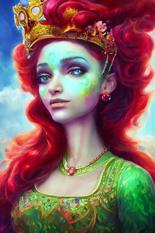 Image similar to a beautiful persian princess in colorful clouds and smoke, green eyes, red dress, long black curly hair, smiling in awe wearing a tiara, face, highly detailed, artstation, concept art, sharp focus, digital art by hana yata, octane render, unreal engine, 8 k