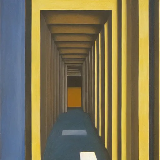 Image similar to first person view of a stark concrete maze, people peering into portholes, grant wood, pj crook, edward hopper, oil on canvas