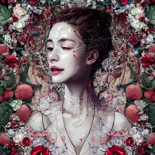 Image similar to the portrait of an absurdly beautiful, graceful, elegant, sophisticated, fashionable young woman made of strawberries and white petals crying, an ultrafine hyperdetailed illustration by kim jung gi, irakli nadar, intricate linework, bright colors, octopath traveler, final fantasy, unreal engine 5 highly rendered, global illumination, radiant light, detailed and intricate environment