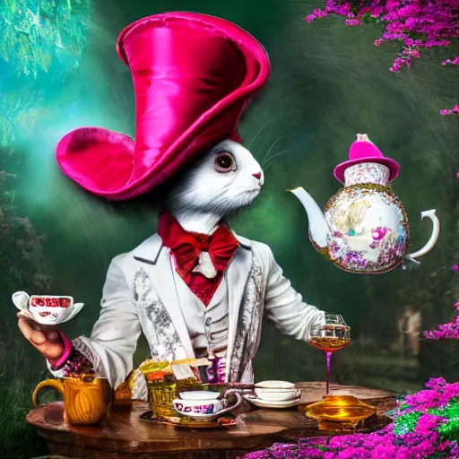 Image similar to johnny dep as the mad hatter having tea with the white rabbit in wonderland, strange surreal party, 8k resolution photo realistic, digital art, vivid