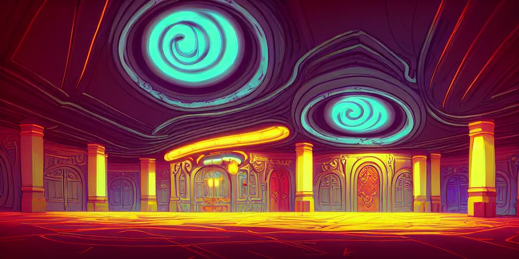 Image similar to curled perspective digital art of curly indoor curly casino with a stage pale colors by anton fadeev from nightmare before christmas