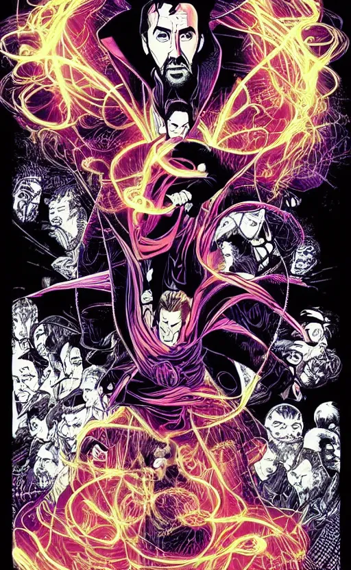 Prompt: nicolas cage as Doctor Strange, dramatic lighting, style of mcbess + Laurie Greasley + Satoshi Kon, symmetric lights and smoke, psychedelic effects, glowing particles, neon smoke