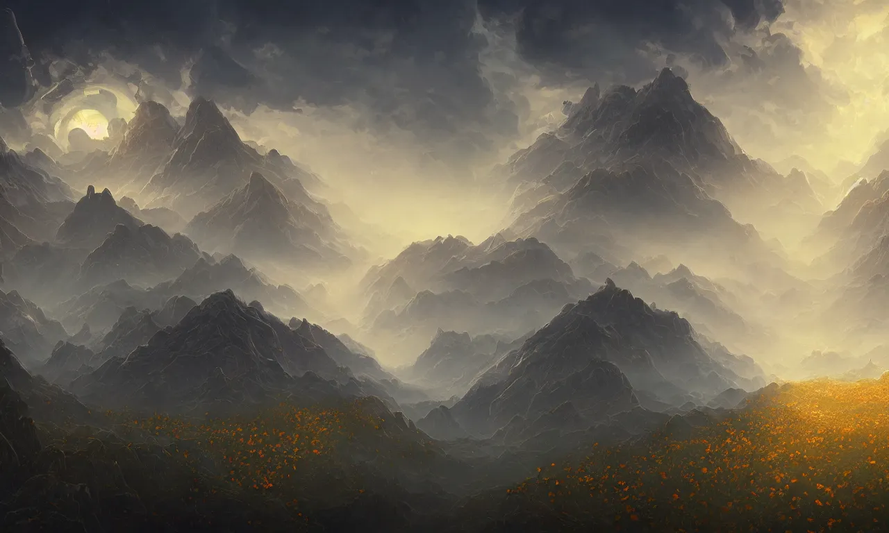 Image similar to breathtaking digital painting of an aerial landscape in luxurious nature, mountains rockas at dawn with roses and golden petals flying, with intricate art nouveau moody dark tumultuous clouds, by anato finnstark and johannes voss, concept art, matte, 8 k,