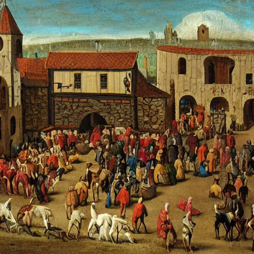 Prompt: a medieval horse market
