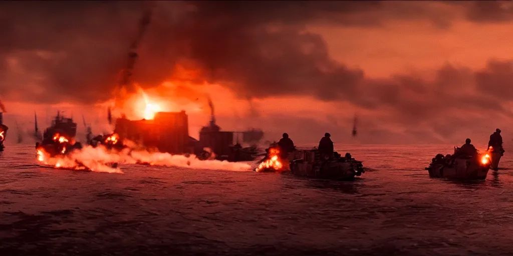 Image similar to a photorealistic film still from dunkirk by roger deakins - a destroyed city, 3 5 mm lens, early morning, dramatic lighting, cinematography, sunset red and orange, cinematic, global illumination, highly detailed, photorealistic