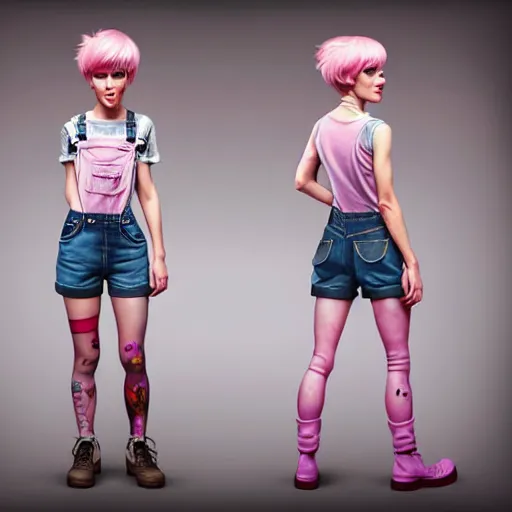 Image similar to full body pose, pixar, beautiful androgynous girl, pink pixie cut hair, torn overalls, short shorts, combat boots, fishnets, beautiful, highly detailed face, true anatomy!, extremely detailed!, digital painting, unreal engine 5, art by tom bagshaw