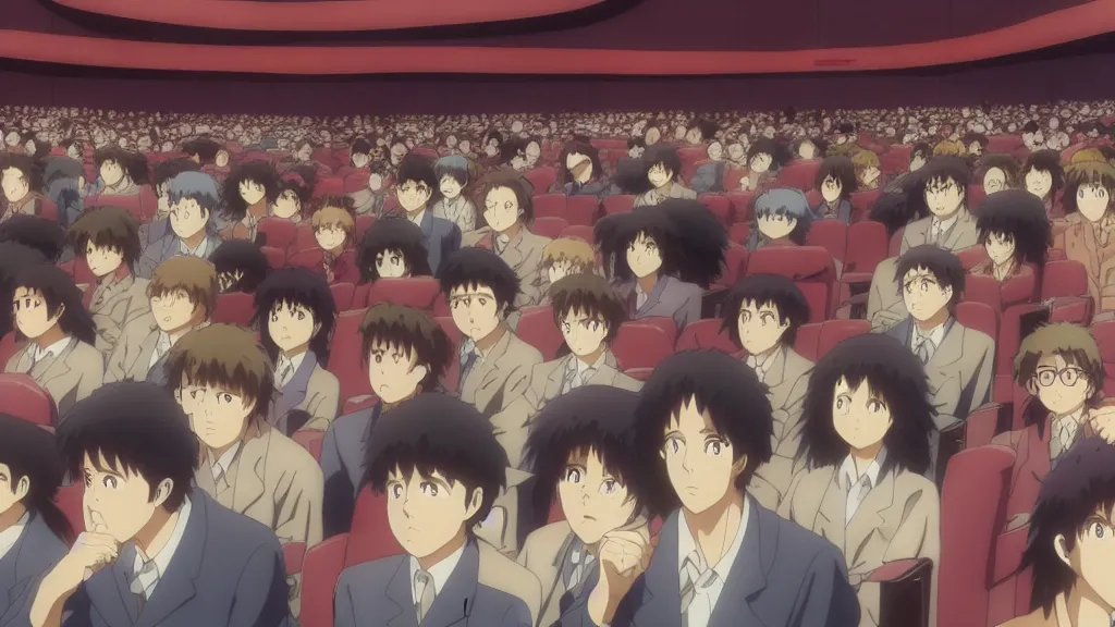 Image similar to people in a busy movie theatre, anime film still from the an anime directed by katsuhiro otomo with art direction by salvador dali, wide lens