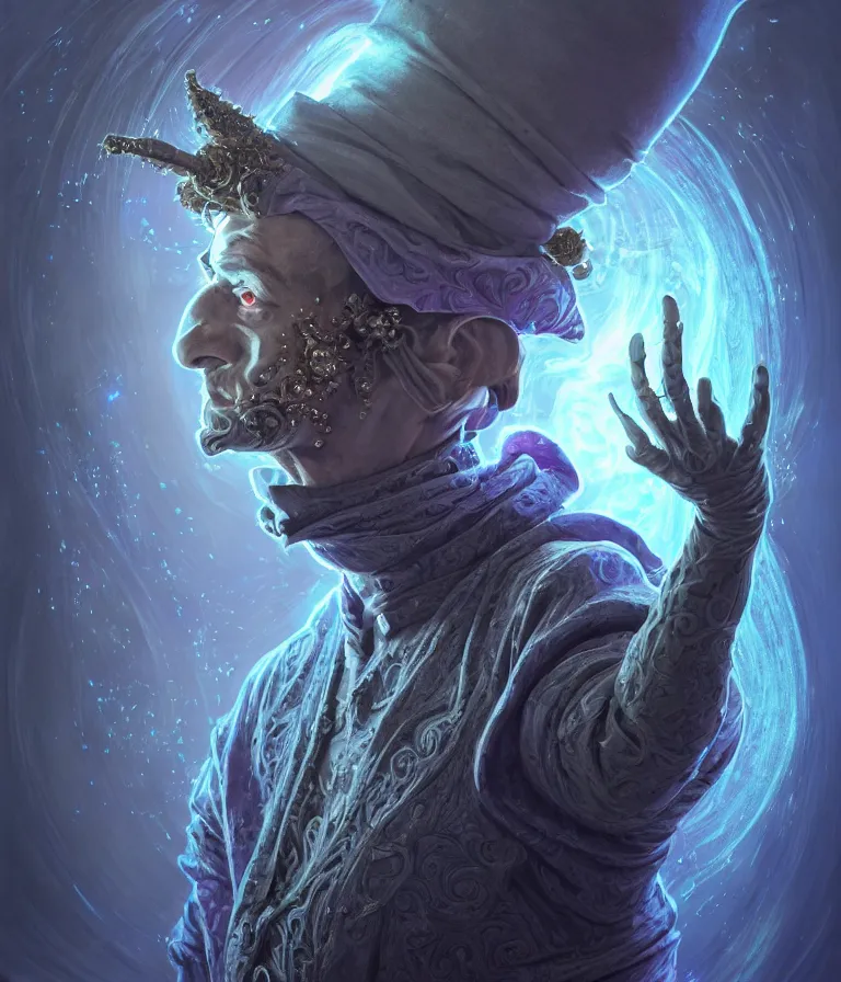 Image similar to front!!! shot of a court jester!!! character, hyperdimensional, bioluminescent hypercubes, dark holography!!!, future, chrome, (((intricate))), elegant, highly detailed, centered, (((artstation, concept art, smooth, sharp focus, artgerm, Tomasz Alen Kopera, Peter Mohrbacher, donato giancola, Joseph Christian Leyendecker, WLOP, Boris Vallejo))), ((raytracing)), mugshot!!!!!, ugly!!!!!!, octane render, nvidia raytracing demo, octane render, nvidia raytracing demo, octane render, nvidia raytracing demo, grainy, muted, 8K, digitalblasphemy, metatron