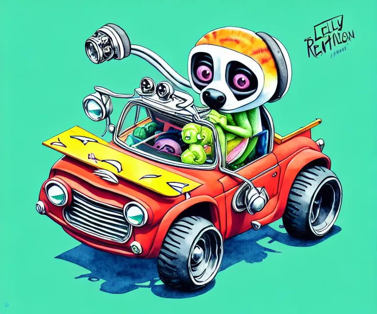 Image similar to cute and funny, lemur wearing a helmet riding in a tiny hot rod with oversized engine, ratfink style by ed roth, centered award winning watercolor pen illustration, isometric illustration by chihiro iwasaki, edited by beeple, tiny details by artgerm, symmetrically isometrically centered