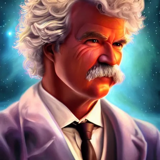 Image similar to mark twain stands at the edge of the universe, artgerm