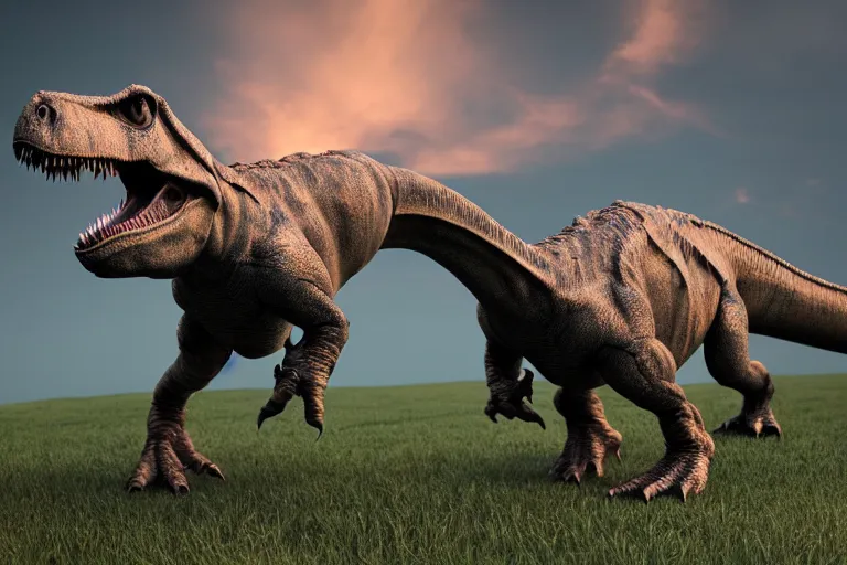 Image similar to Realistic, high quality photograph of a tired T-Rex dinosaur standing in the distance in the style of devilcore, gorecore, 3D render, blender render, realistic skin, twilight, glows, detailed, studio quality, HD image,