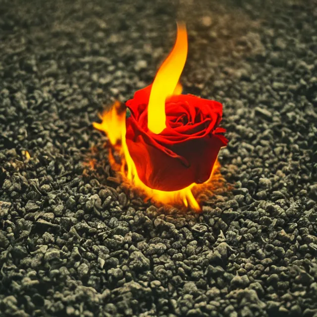 Prompt: burning rose, fire and smoke, at night, on gravel, closeup, vintage camera