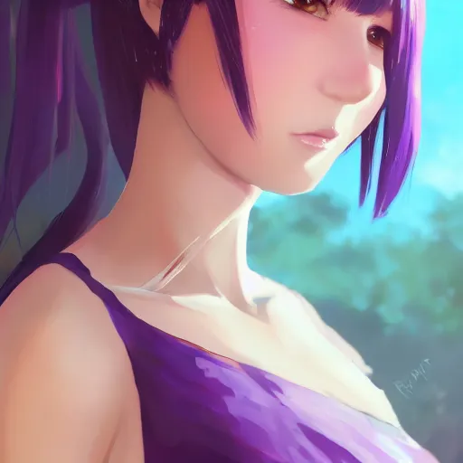 Image similar to gorgeous anime woman portrait, purple hair, cheongsam dress, clear clean face, face by ilya kushinov, avetetsuya studios, alexandra fomina artstation, by makoto shinkai, digital 2 d, painterly style, cinematic matte illustration, clean composition, character design, ufotable, vofan