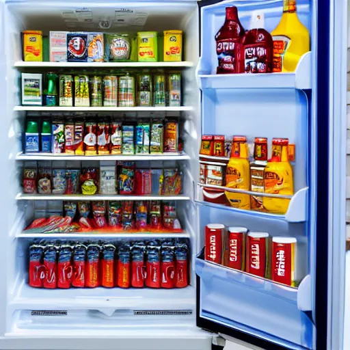Prompt: a refrigerator with the door open, lots of cans of drinks inside
