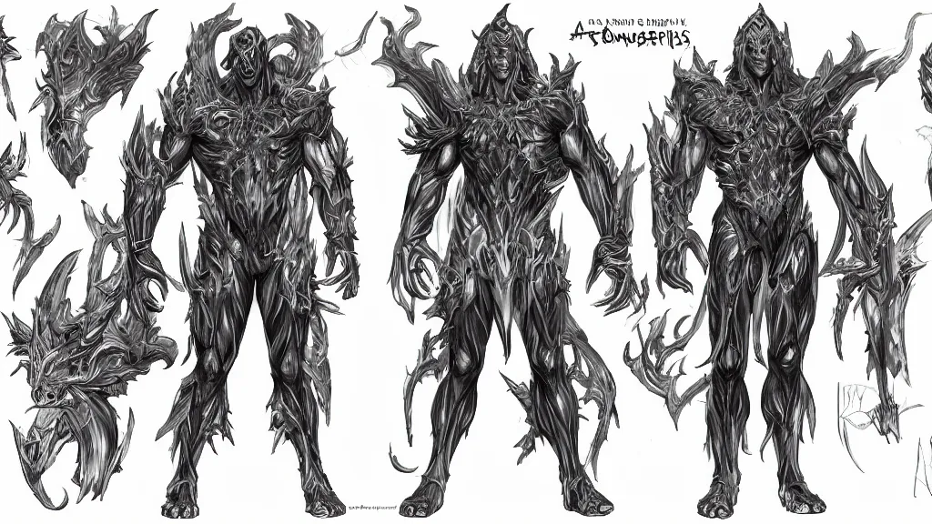 Image similar to a fantasy muscular Bright cosmic void ghost demon with two heads and a long tail character design sheet, trending on artstation