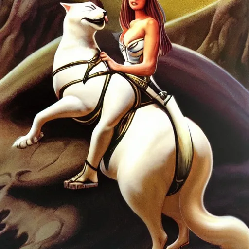 Image similar to a serious looking girl riding on a large fat black and white cat wearing armor, painted by Boris Vallejo