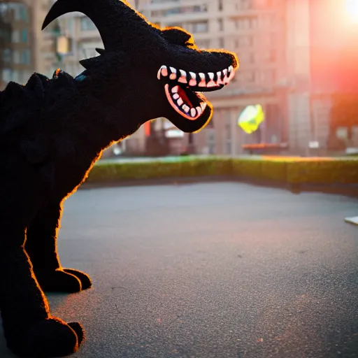 Prompt: photograph of a black dragon fursuiter at a furry convention in the city, outdoors during sunset, studio photography, f/1.8 cinematic lens