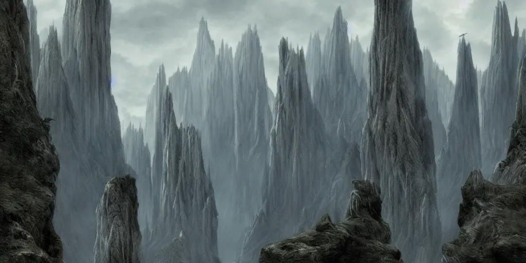 Image similar to Argonath statues at the River Anduin, Pillars of the Kings, evening, detailed matte painting, low angle view, cinematic, Alan Lee, Artstation