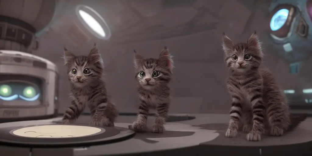 Image similar to a 3 d rendered movie of a cute robot kitten. the robot has rgb lighting implants and it resembles a maine coon kitten. in the background is a cat tree ( cyberpunk ). dramatic lighting. science fiction blockbuster movie, imax 7 0 mm. octane 3 d render, style of mandalorian ( american space western television series )