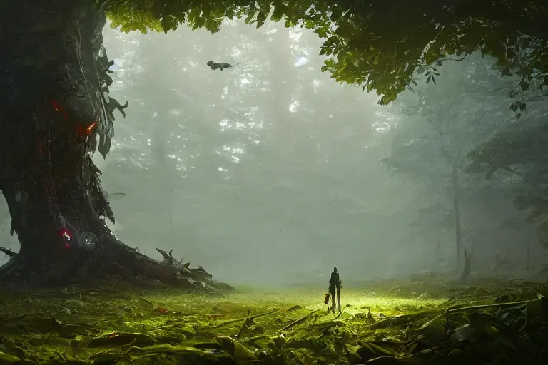 Image similar to giant sleeping robot, covered by leaves and plants, in a magical forest with volumetric lighting, matte painting, greg rutkowski, artstation, 4k