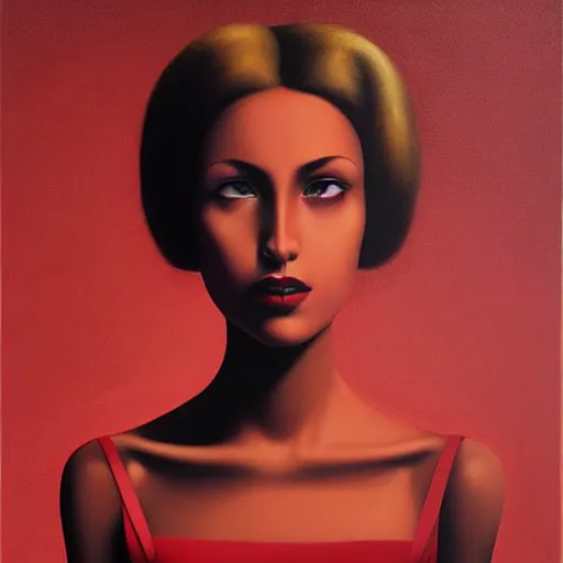 Prompt: a painting of a beautiful woman!!! wearing red, an ultrafine detailed painting by rafal olbinski, behance contest winner, pop surrealism, detailed painting, very detailed, minimalist, airbrush art