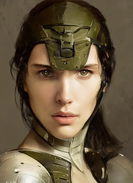 Image similar to a professional painting of a beautiful young female, clothed in military armor, olive skin, long dark hair, beautiful bone structure, symmetrical facial features, intricate, elegant, digital painting, concept art, smooth, sharp focus, illustration, from Metal Gear, by Ruan Jia and Mandy Jurgens and Artgerm and William-Adolphe Bouguerea