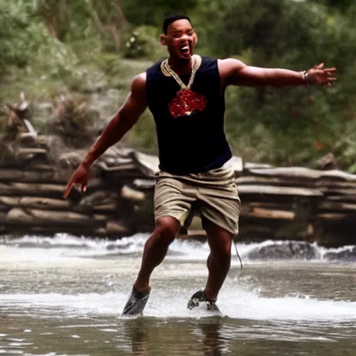 Image similar to will smith skipping over a river