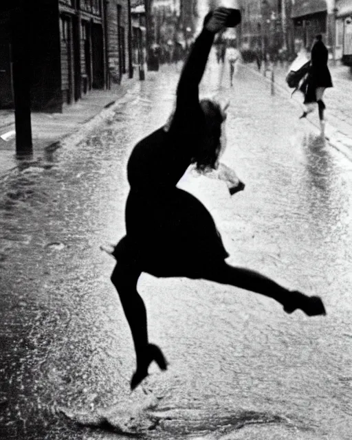 Image similar to A woman wearing a dress leaping over a large puddle in the street, the decisive moment by Henri Cartier-Bresson, photographed on a Leica camera